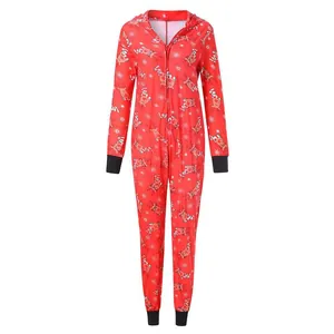 Red Christmas hooded onesie pajama featuring festive reindeer and snowflake prints