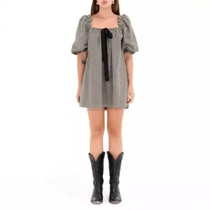 Vestido de Muñeca de Mujer Retro Manga Abullonada Cuello Cuadrado Floral Cuadros Verano Hombros Descubiertos Ajuste Holgado