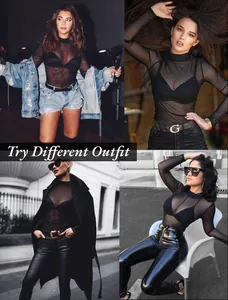 Four stylish ways to wear a black mesh see-through long sleeve top for women