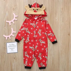 Cute Christmas reindeer print hooded romper for babies in festive red festive color