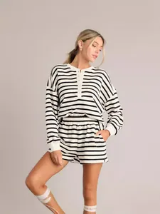 Women Striped Casual Top And Bottom Autumn Long Sleeve Henley Neck Top And Pockets Shorts Fashion Loungewear Outfit