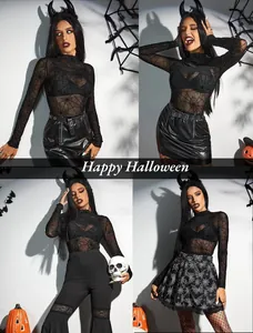 Sexy black sheer mesh long sleeve top featuring spider web patterns for Halloween