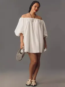 Fashionable white off-the-shoulder puff sleeve mini dress for women's summer style