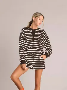 Women's striped two-piece set featuring long-sleeve button-neck top and matching shorts
