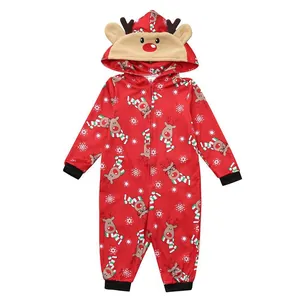 Festive red Christmas hooded jumpsuit with reindeer and snowflake prints for kids.