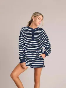 Elegant navy and white striped two-piece lounge set with long sleeve top and shorts