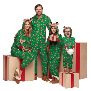 Family matching Christmas hooded onesies with festive reindeer print in vibrant green.