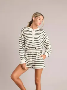 Casual striped two-piece set for women with long-sleeve button top and matching shorts