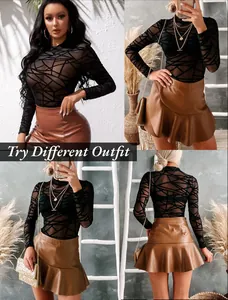 Collage showing front and back views of a black sheer mesh top with geometric patterns