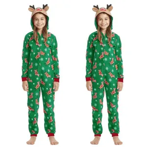 Full view of children's Christmas hooded onesie with reindeer and snowflake print
