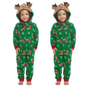 Detail showing children's green Christmas reindeer print hooded onesie pajamas