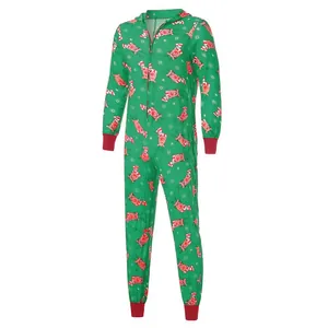 Green Christmas hooded onesie pajamas with reindeer and snowflake prints.
