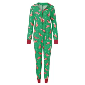 Detailed view of green Christmas hooded onesie with reindeer and snowflake print