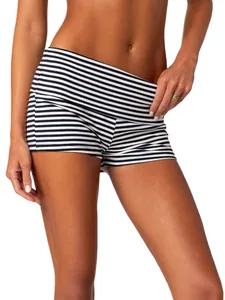 Sexy women's black and white horizontal striped tight sports shorts on model