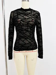 Women Sexy Sheer Mesh Embroidered T-Shirt Slim Fit Mock Neck Geometric Spider Web Long Sleeve Top Night Out Party Clubwear