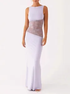 Women Sexy Backless Lace Patchwork Satin Maxi Dress Sleeveless Round Neck Slim Fit Evening Party Gown For Women