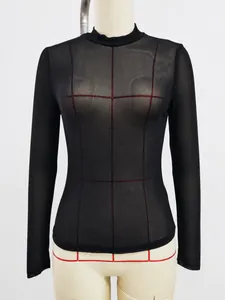 Sexy black long-sleeved sheer mesh T-shirt with a slim fit design for a trendy look