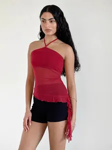 Women's Sexy Halter Neck Backless Cami Top Asymmetrical Ruffle Hem Mesh Slim Fit Printed Polyester Top For Party Date Casual