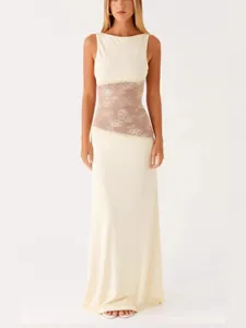 Elegant cream satin maxi dress featuring a sexy lace patchwork waist and backless design
