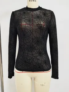 Sexy black spider web mesh sheer long sleeve T-shirt slim fit for gothic style outfits