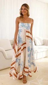 Summer floral print backless maxi dress with A-line silhouette shown in a lifestyle setting