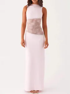 Elegant light pink satin long dress with sheer lace waist panel and backless design for summer