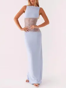 Sexy light blue satin maxi dress with sheer lace waist panel and backless design