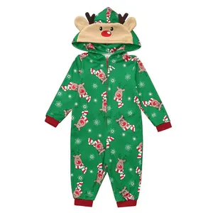 Green Christmas hooded romper featuring reindeer prints and snowflakes on soft fabric