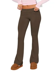 Detail view of stylish and comfortable chocolate brown low-waist flare pants for women