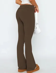 Brown low waist flared pants for women with slim fit design and foldover waist