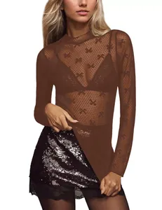 Elegantes braunes Langarm-Oberteil aus Mesh mit feinem Schleifenmuster für Damen