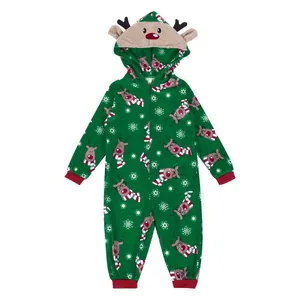 Green hooded Christmas jumpsuit featuring reindeer prints and festive snowflake patterns