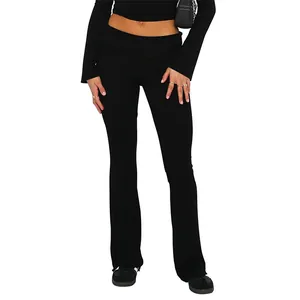 Chic low waist black flare trousers for women with a fold-over waistband slim fit