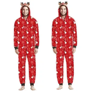 Red Christmas hooded onesie with festive snowman and snowflake patterns for men