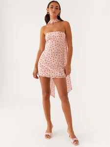 Women Floral Print Halter Neck Tube Mini Dress Sexy Slim Fit Sleeveless Strapless Sundress With Tie Ribbon Accessory Summer