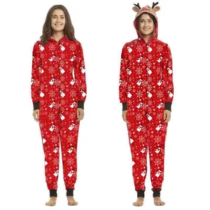 Red Christmas onesie pajamas with white snowflake and snowman print for women