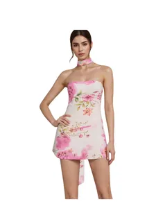 Floral print strapless mini dress with matching neck tie and slim high waist design