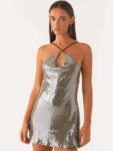 Sexy halter neck sequin mini dress with olive green backless design for trendy parties