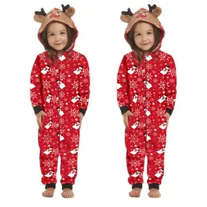 Kids red Christmas onesie featuring snowflake prints and a cute reindeer character hood.