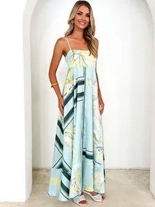 Elegant summer light blue floral print backless camisole A-line maxi dress with high waist