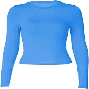 Close-up detail of vibrant blue slim-fit long-sleeve crop top with classic crew neck