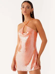 Elegant orange sequin halter neck backless mini dress for sexy nightclub parties