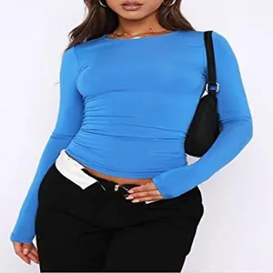 Detail of a slim-fit blue round neck long sleeve T-shirt for women in autumn style