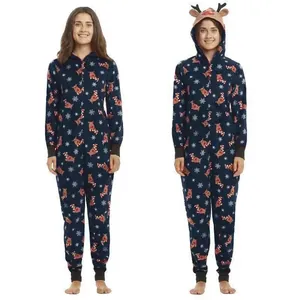 Detailed view of women's Christmas themed hooded onesie pajamas with reindeer print