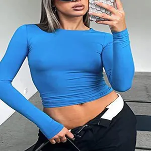 Detailed view of a slim-fit blue long-sleeve crop top with a classic round neckline.