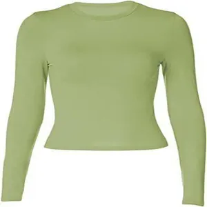 Close-up view of avocado green slim fit long sleeve round neck casual base layer top
