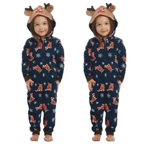 Close-up view of navy blue hooded Christmas romper with reindeer and snowflake print