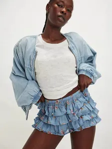 Sweet light blue floral tiered ruffle mini skirt for women spring summer fashion style