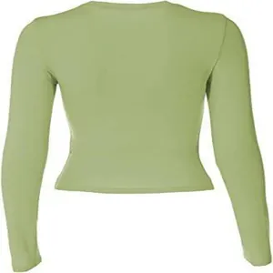 Detailed back view of a minimalist slim fit light green long sleeve cropped T-shirt for women