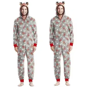 Full length adult Christmas reindeer print hooded onesie pajama in soft grey fleece